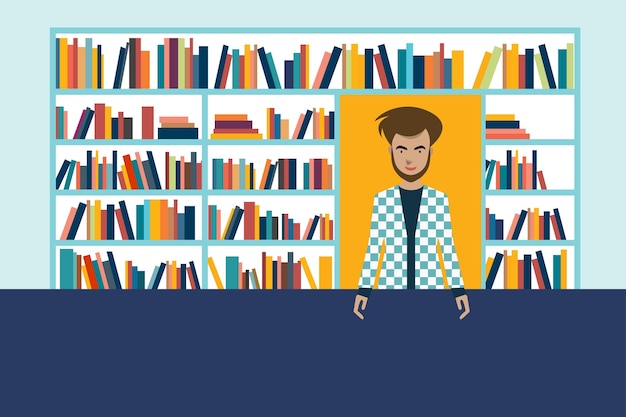 Bookstore and bookseller man Flat vector illustration