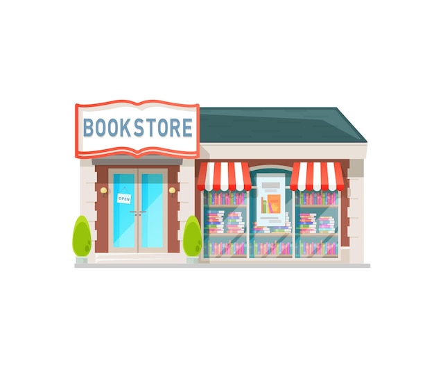書店の店の建物のショーケースシティストリートの1階建ての店の建物地元のビジネス商業施設の店先の窓、看板の色の日よけと本棚の本のオープンサイン