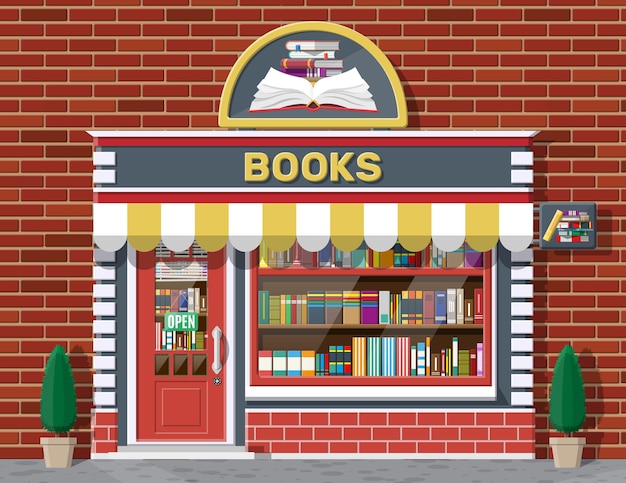 Bookstore shop exterior. Books shop brick building. Education or library market. Books in shop window on shelves. Street shop, mall, market, boutique facade. Vector flat style illustration.