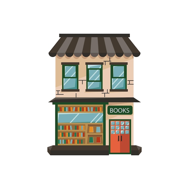 평면 스타일의 서점 창 외관 매장 건물 흰색 배경 벡터 일러스트 레이 션에 고립 된 도시의 작은 가게