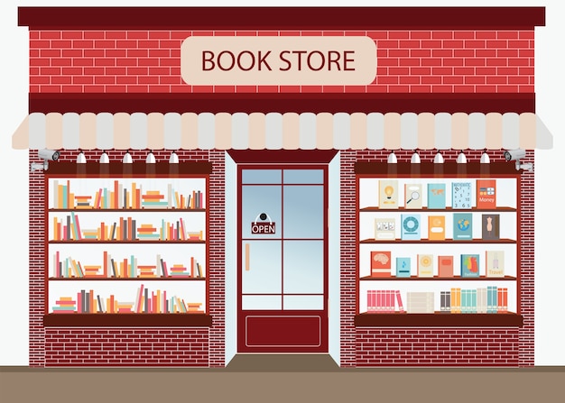 Bookstore with bookshelves, vector illustration.