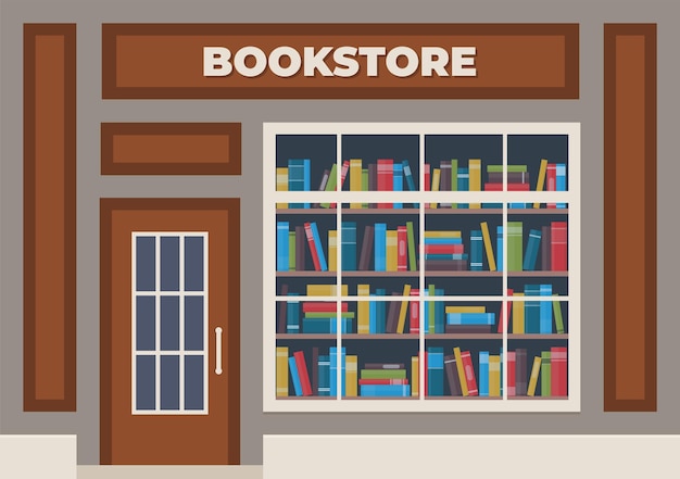 A bookstore with a sign over the entrance books in the shop window on the shelves