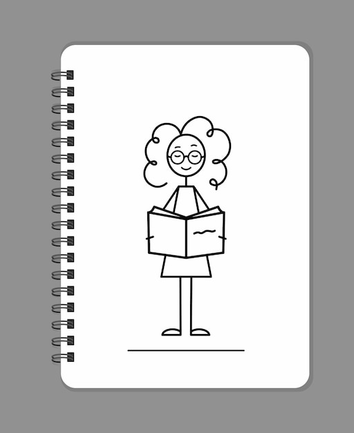 Vector bookworm or booklover sketch curly girl enjoy literature black line vector illustrationiling girl handdrawn female character doddle image on notebook page