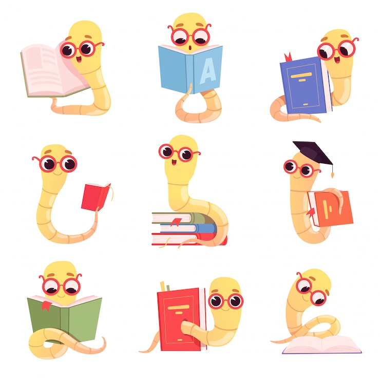 Vector bookworm characters. worms kids reading books school little baby animal in library collection