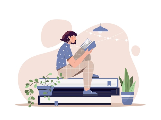 Vector bookworm hobby concept young girl sits at home with book education and selfdevelopment student