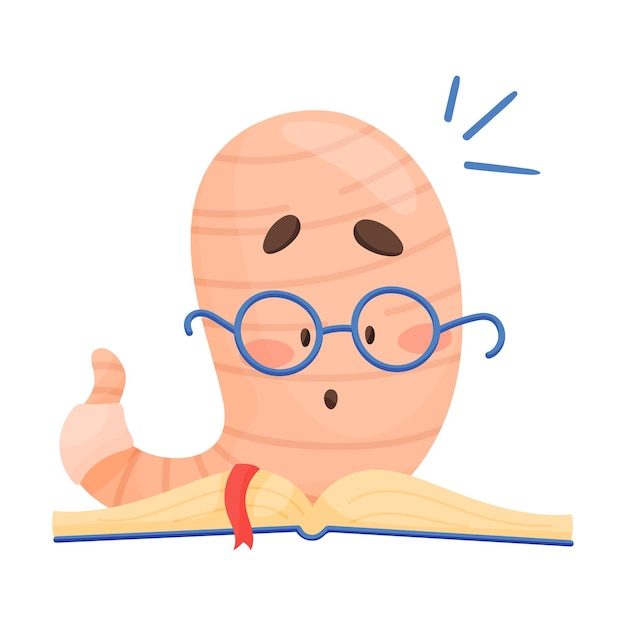 Bookworm personage lezen van een boek met een verbijsterde blik op zijn gezicht vector illustratie