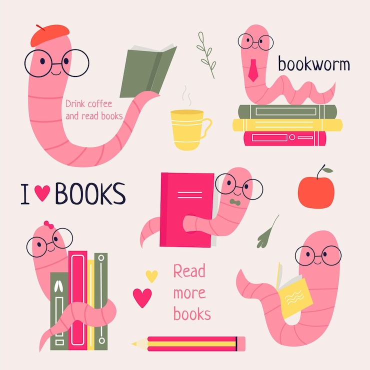 Vector bookwormread more books a set of different bookworm in glasses and books handdrawn educational vector illustrations cartoon style