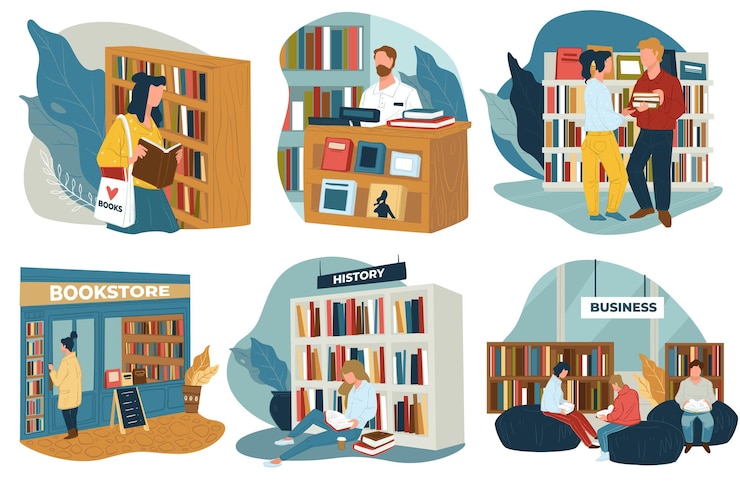 Vector bookworms visiting public library or book store buying books to read