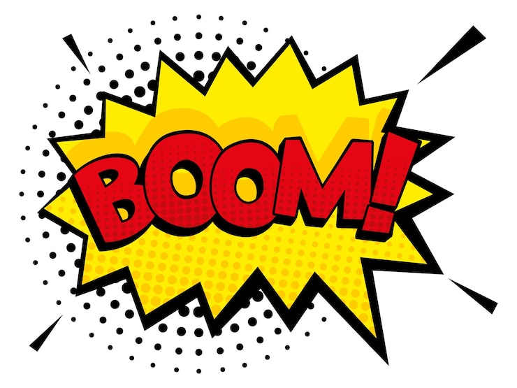 Vector boom colorful sticker in comic explosion style splash frame