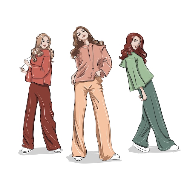 Boom mode vrouwen in casual hoodies illustratie