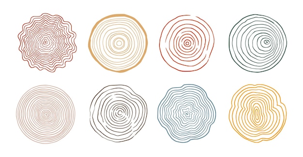 Boom ring hout cirkel set Hand getrokken boom ring patroon lijn rimpel cirkel houtstructuur Hout organische segment lijn ontwerp Vector