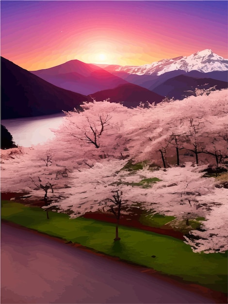 Vector boom roze sakura bloemen bloeiende takken tegen achtergrond berghemel bij dageraad voorjaarslandschap