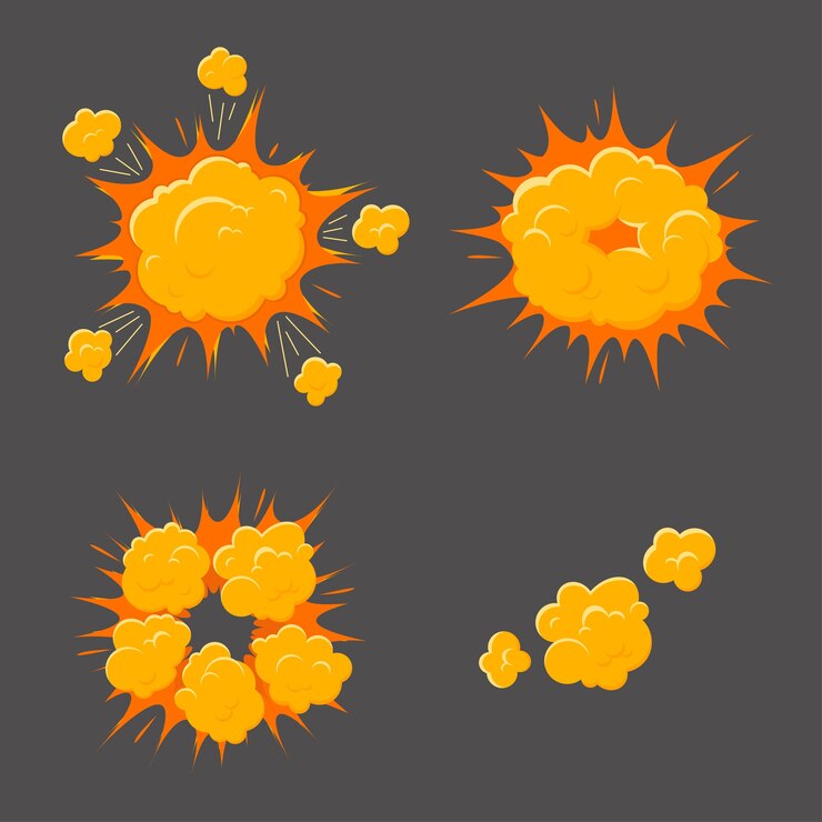 Vector boom set process comic explosion on a gray background.   style. 