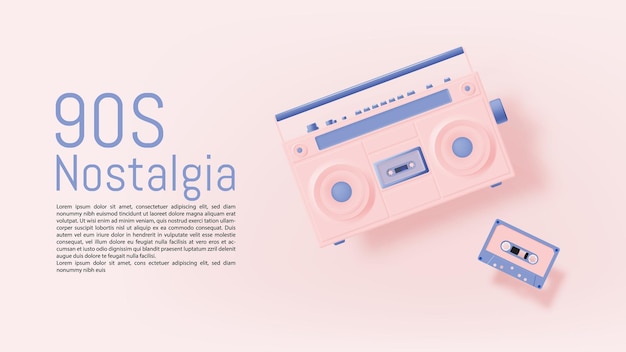 Boombox en cassettebandjes in de sfeer van de nostalgie van de jaren 90, realistische pastelkleurenschema vectorillustratie