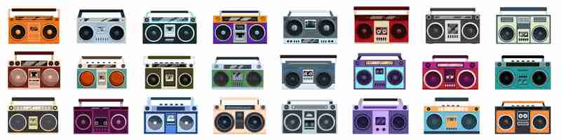 Vector boombox icons set cartoon vector music player cassette