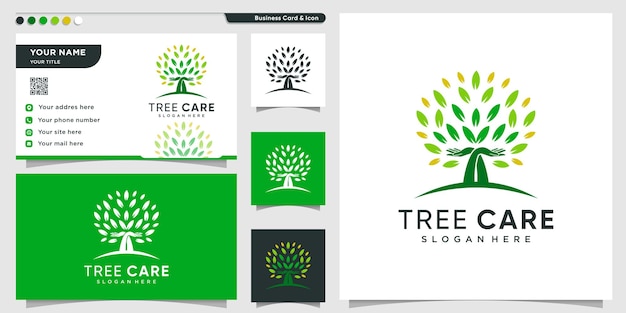 Boomlogo met groen zorgconcept en ontwerpsjabloon voor visitekaartjes premium vector