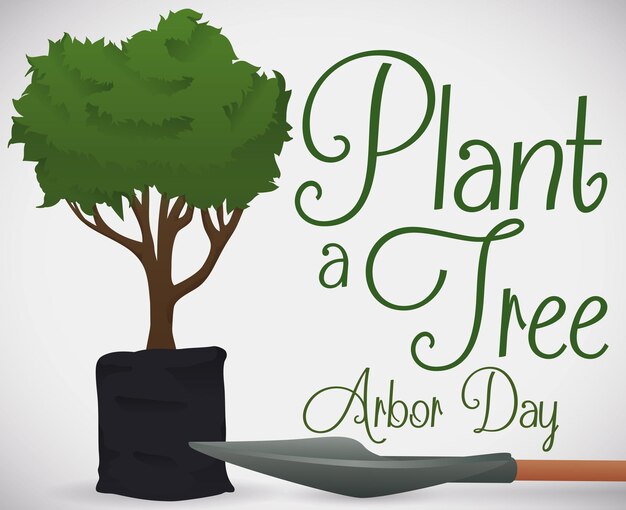 Vector boomtjes in een zaaibak en een schop klaar om te planten op arbor day