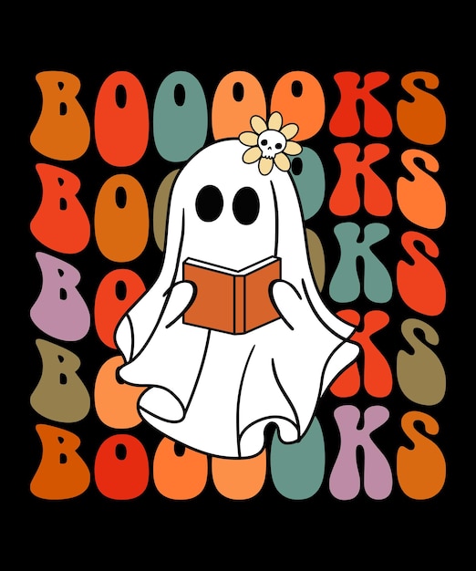 Vector booooks groovy cute ghost book retro reading halloween-shirt afdruksjabloon