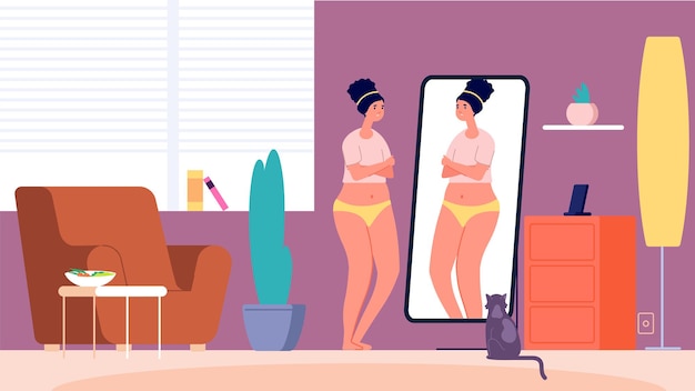 Boos meisje. Vrouw in woonkamer voor spiegel. Verdrietig meisje met overgewicht ziet er zelf uit, verlegenheid overgewicht probleem