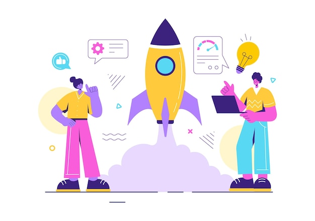 Boost Business Vector Illustration met een Digital Marketing Rocket Company Career Succes in ontwikkeling en winstverhoging op een platte achtergrond