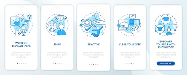 Boost self confidence at work blue onboarding mobile app screen