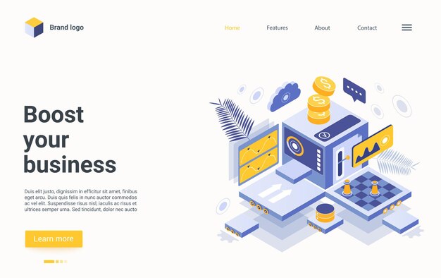 Vector boost your business isometric landing page design, process of making money