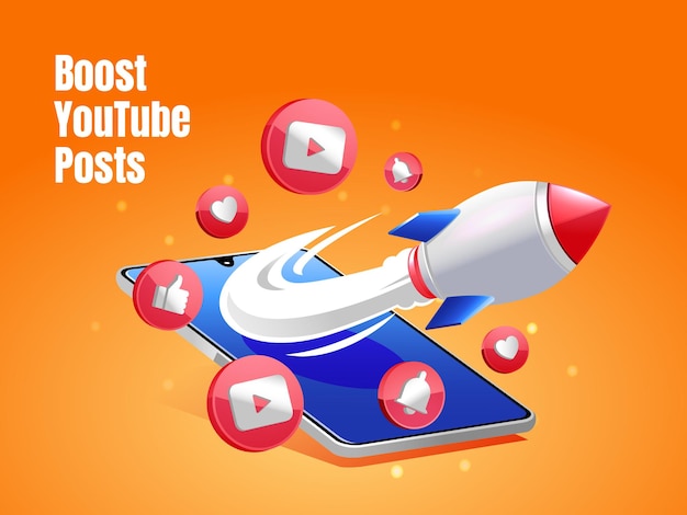 Vector boost youtube-berichten met raket en smartphone