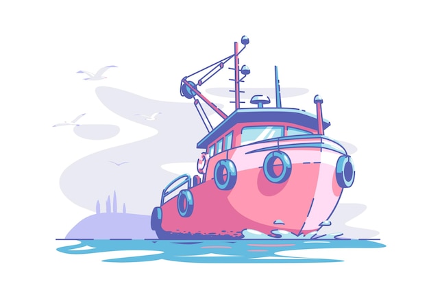 Boot drijvend op zee vector illustratie rood schip in de oceaan op weg naar de vlakke stijl zee- en transportschip concept meeuwen in de lucht geïsoleerd