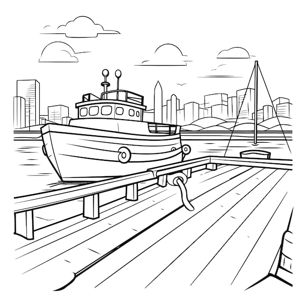 Vector boot op de pier in een lineaire stijl