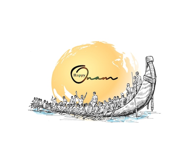 Boot op rivier op decoratieve achtergrond voor Zuid-Indiase Festival Onam, Hand getrokken schets vectorillustratie.