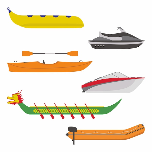 Boot pictogrammen instellen vlakke afbeelding van verschillende soorten rivier boot vervoer omvatten bananenboot speedboot drakenschip opblaasbare boot en jetski vector geïsoleerd op witte achtergrond