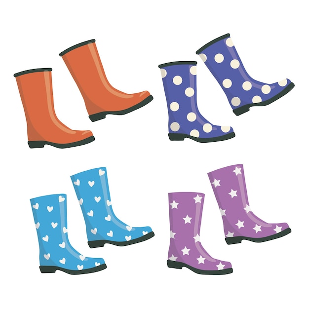 Boots rubber vector Colored rubber boots vector icon set Rain boots cartoon illustration isolated on white background