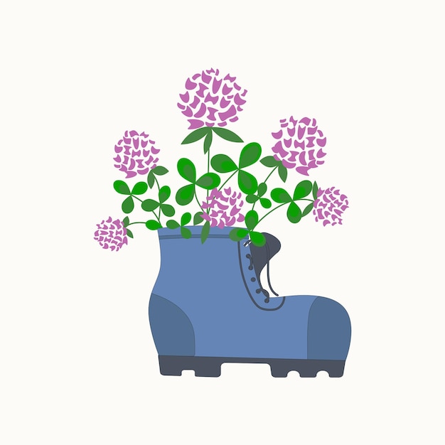 Boots with flowers bouquet of meadow flowers landscape object\
clover plant design vector illustration