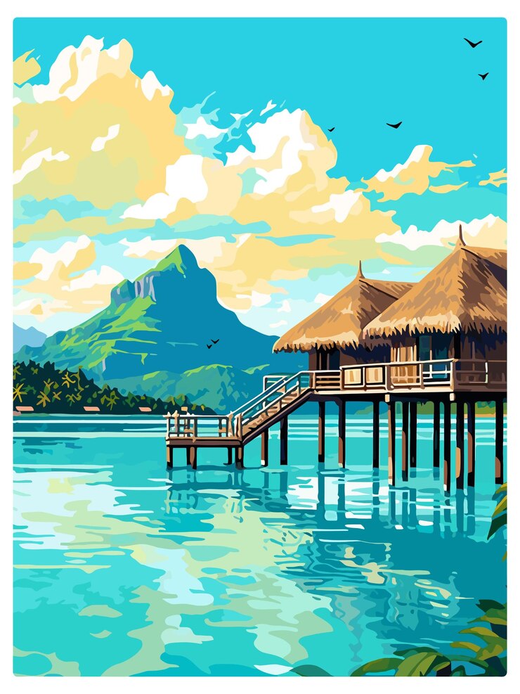 Vector bora french polynesia vintage travel poster souvenir postcard portrait painting wpa illustration