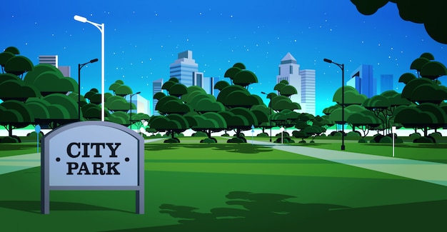 bord innight stadspark skyline skyskraper gebouwen en donkere hemel met sterren stadsgezicht achtergrond