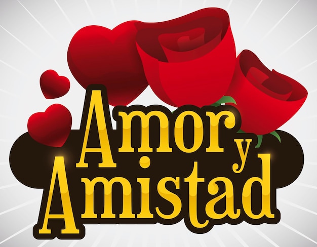 Bord versierd met rode rozen en harten om de dag van de liefde en vriendschap te vieren, geschreven in het Spaans