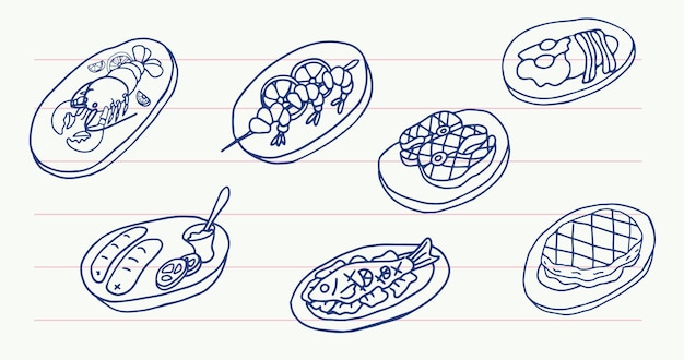 Borden met voedsel in doodle-stijl Geïsoleerde handgetekende illustratie