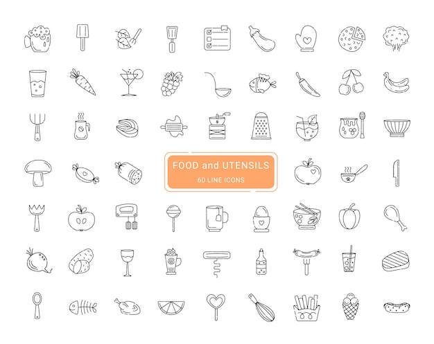 Borden voor eten en gebruiksvoorwerpen, 60 items, lijn vector iconen set