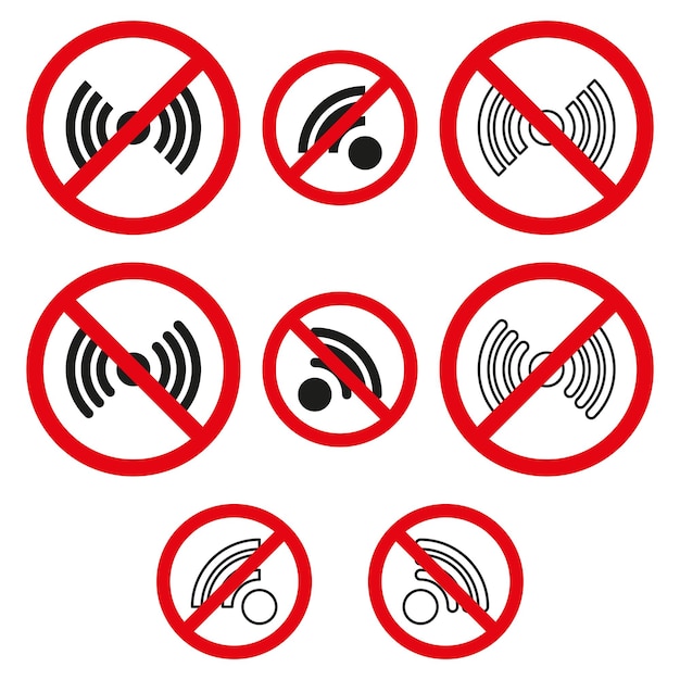 Borden voor het verbieden van draadloze signalen Geen wifi en radiogolfsymbolen Vectorillustratie EPS 10