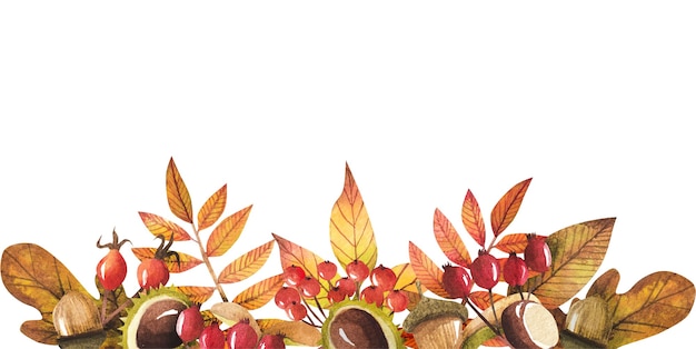 border of autumn leaves painted by watercolor, design of autumn.