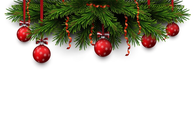 Border of Christmas tree branches with red bow and red balls. Season element for greeting card