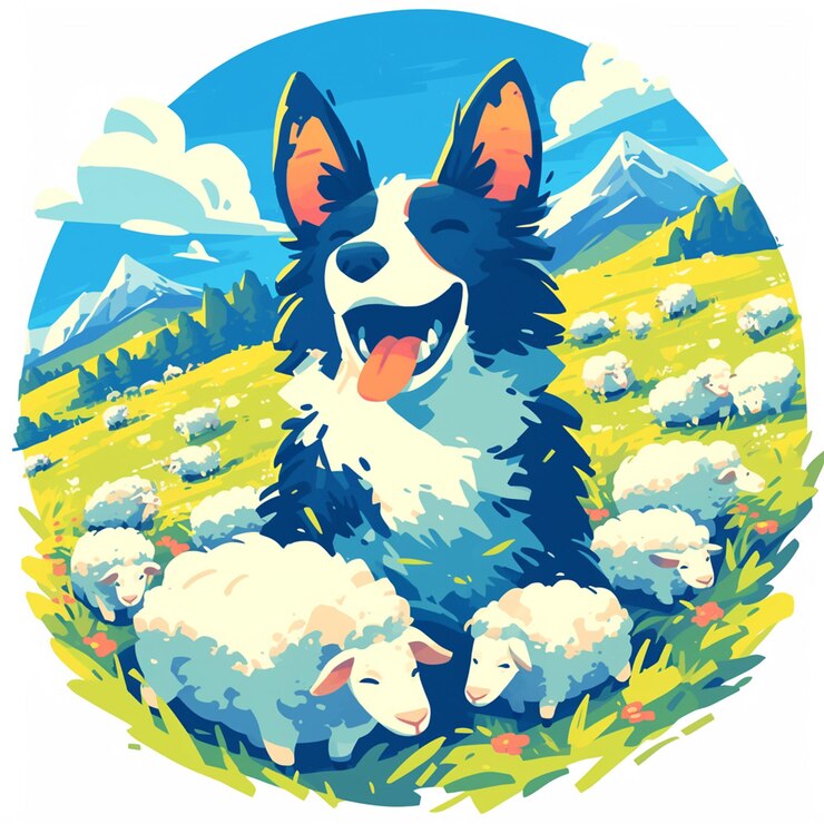 Vector border collie herding sheep in the countryside fields