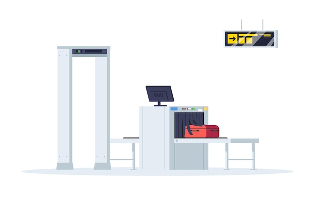 Illustrazione di vettore di colore semi piatto rgb di controllo di confine. cancelli dei controlli di sicurezza nel terminal dell'aeroporto. controllo del contrabbando. oggetto del fumetto isolato nastro trasportatore bagagli su sfondo bianco