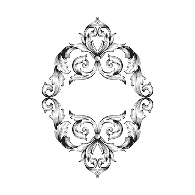 Vector border and frame with baroque style.  black and white color. floral engraving decoration