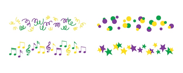 Vector border lines for festival masquerade mardi gras carnival - stars music notes serpentine and confetti