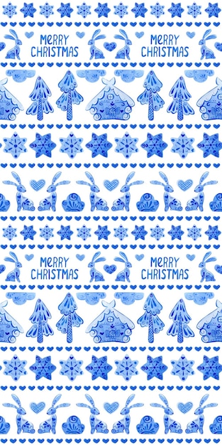 Border seamless pattern of hare, christmas tree, house and hearts.