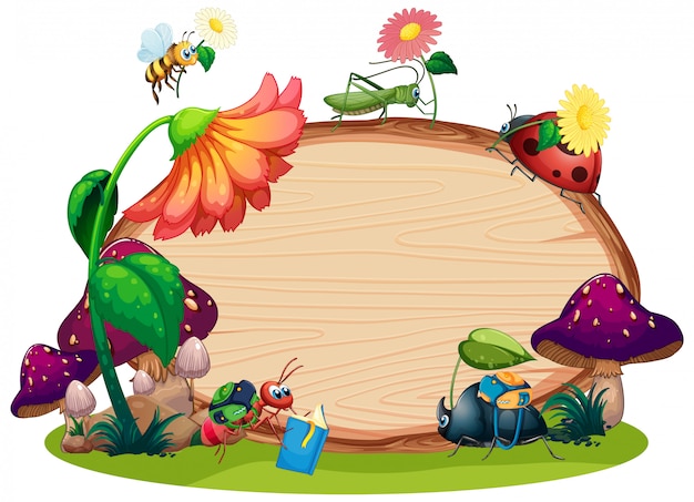 Border template design with insects in the garden background