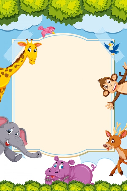 Vector border template design with many wild animals in background