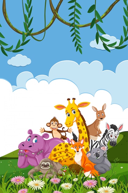 Border template design with many wild animals in background