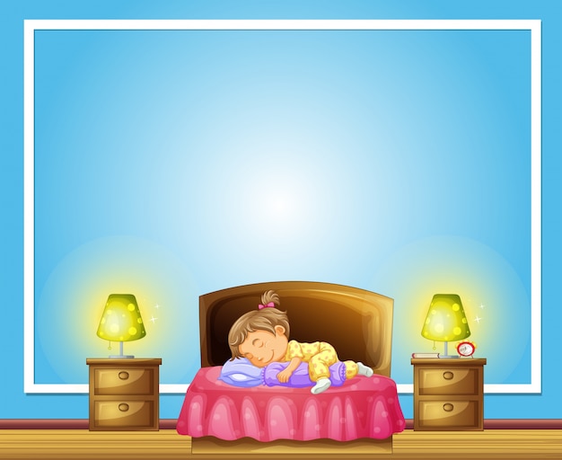 Vector border template with girl sleeping on bed